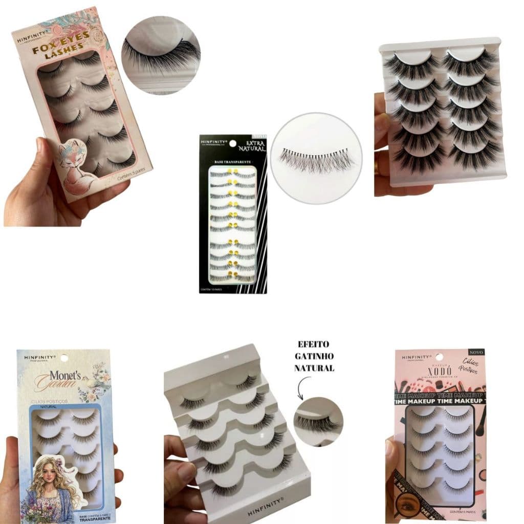 Cilios Postiços 5 e 10 Pares Hinfinity variaddos, Natural, Gatinho, Cantinho, Em tela linha Premium