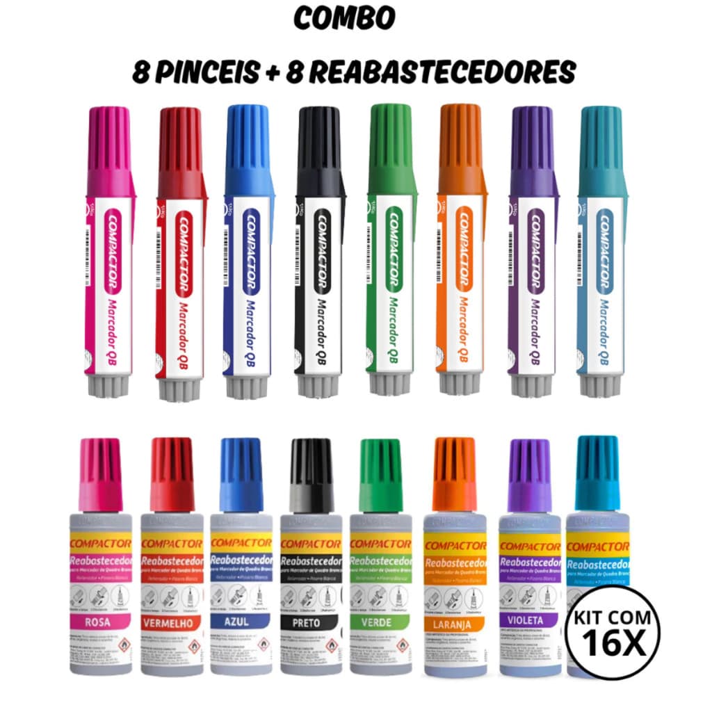 Marcadores de Quadro Branco Recarregáveis 8 Cores Compactor | Escolar e Escritório