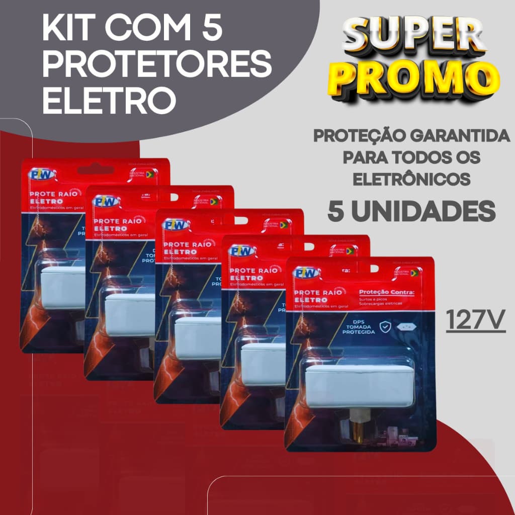 Kit 5 Protetor Contra Raios Surto Queda Energia Descarga Eletrica Duas Tomadas