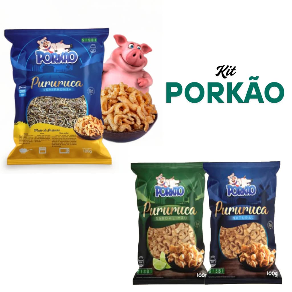 Kit Torresmo pré-frito 1kg pele suína com Pacotão Pururuca Pronta 100g cada - Porkão