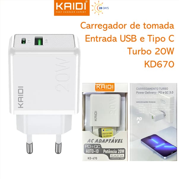 Carregador de Tomada Fonte de Carregamento Turbo 20W com entrada Tipo-C e USB KAIDI KD-670