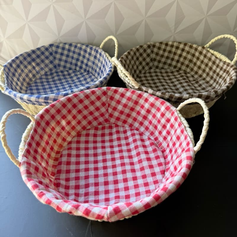 Cesta aramada fibra celulose redonda com forro xadrez vermelha marrom azul para cozinha cesto de pão porta festa junina