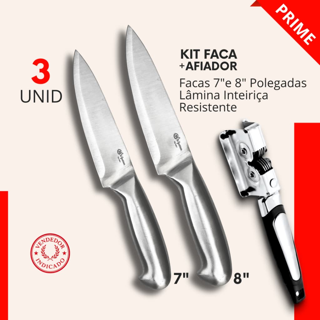 Kit - Faca Inox Lamina Inteiriça e Afiador para Churrasco Cozinha Restaurante
