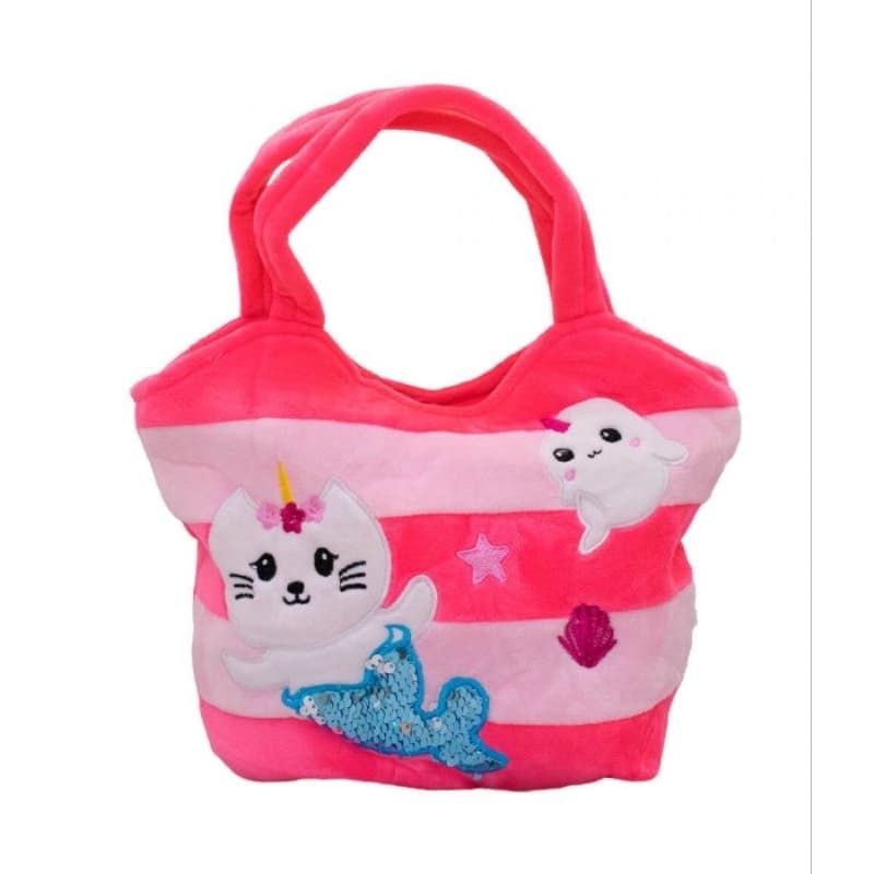Bolsa Rosa Sereia Gato Pelúcia 25x27cm