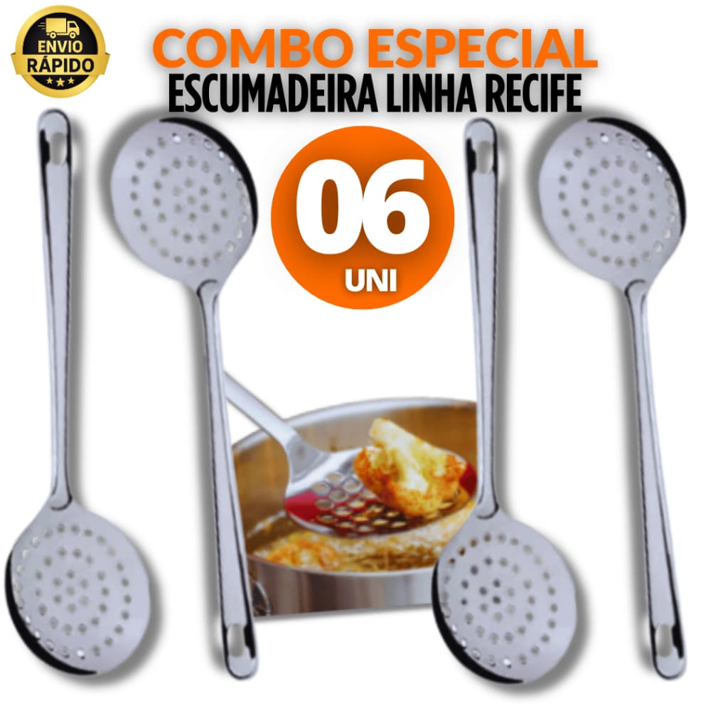 Conjunto Kit 6 Escumadeiras Aço Inox Com Furo para Frituras Pasteis Arroz Casa Cozinha Restaurante