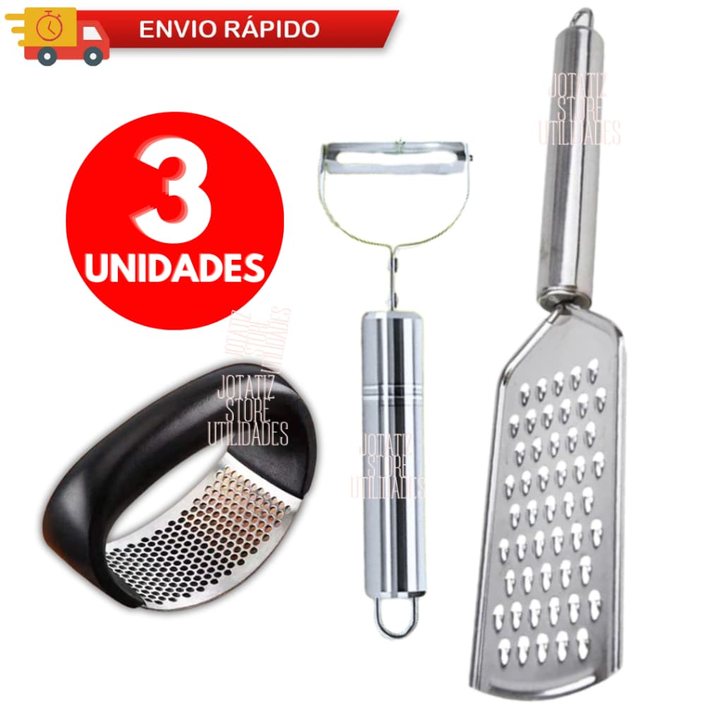 Kit 3 Utensílios Ralador De Legumes Queijo Descascador De Legumes Espremedor De Alho Aço Inox Cozinha Multiuso