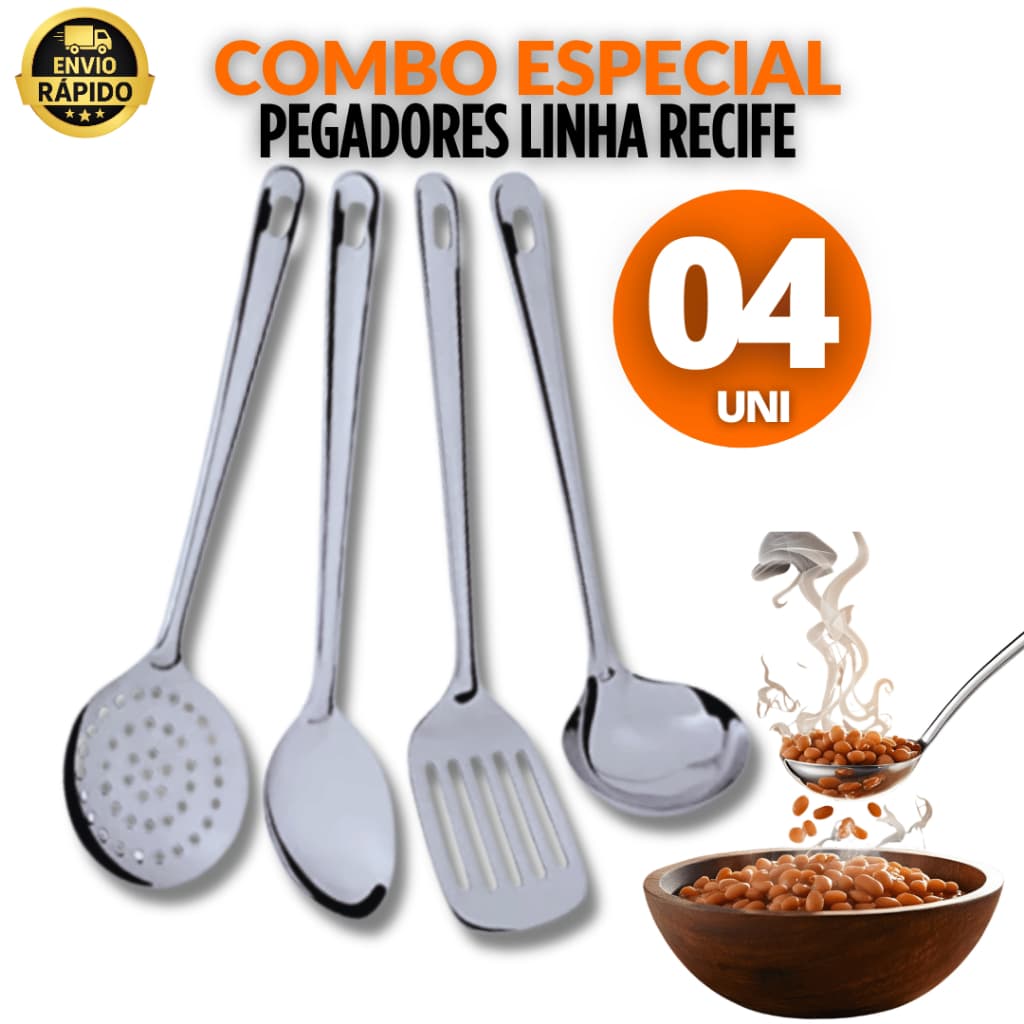 Kit 04 Utensílios  Cozinha Aço Inox Concha Escumadeira Espátula Colher Cozinha Variáveis Utilidades