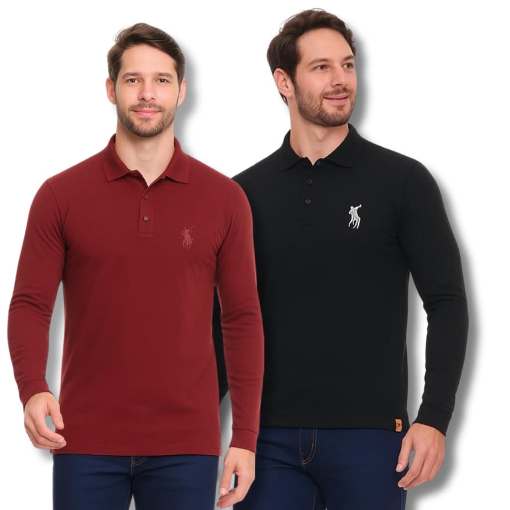 Kit 2 Camisas gola Polo manga longa algodão piquet lisa