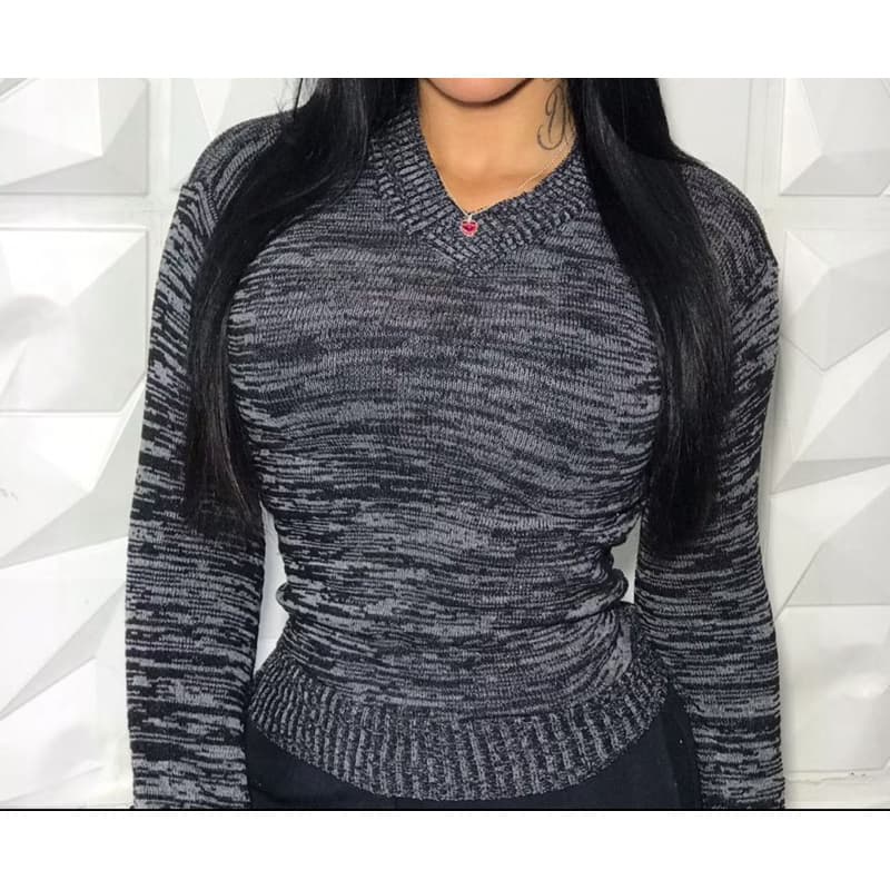 Blusa de frio blusinha em tricot gola V mesclado manga longa suéter casaquinho tricô