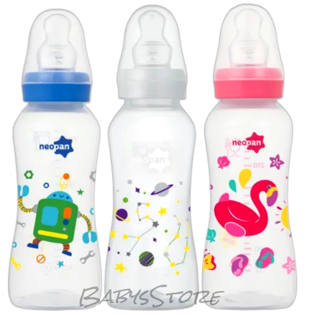 MAMADEIRA NEOPAN DECORADA ROBÔ/PRAIA/CONSTELAÇÃO  250ML BICO ORTODÔNTICO DE SILICONE (6+)