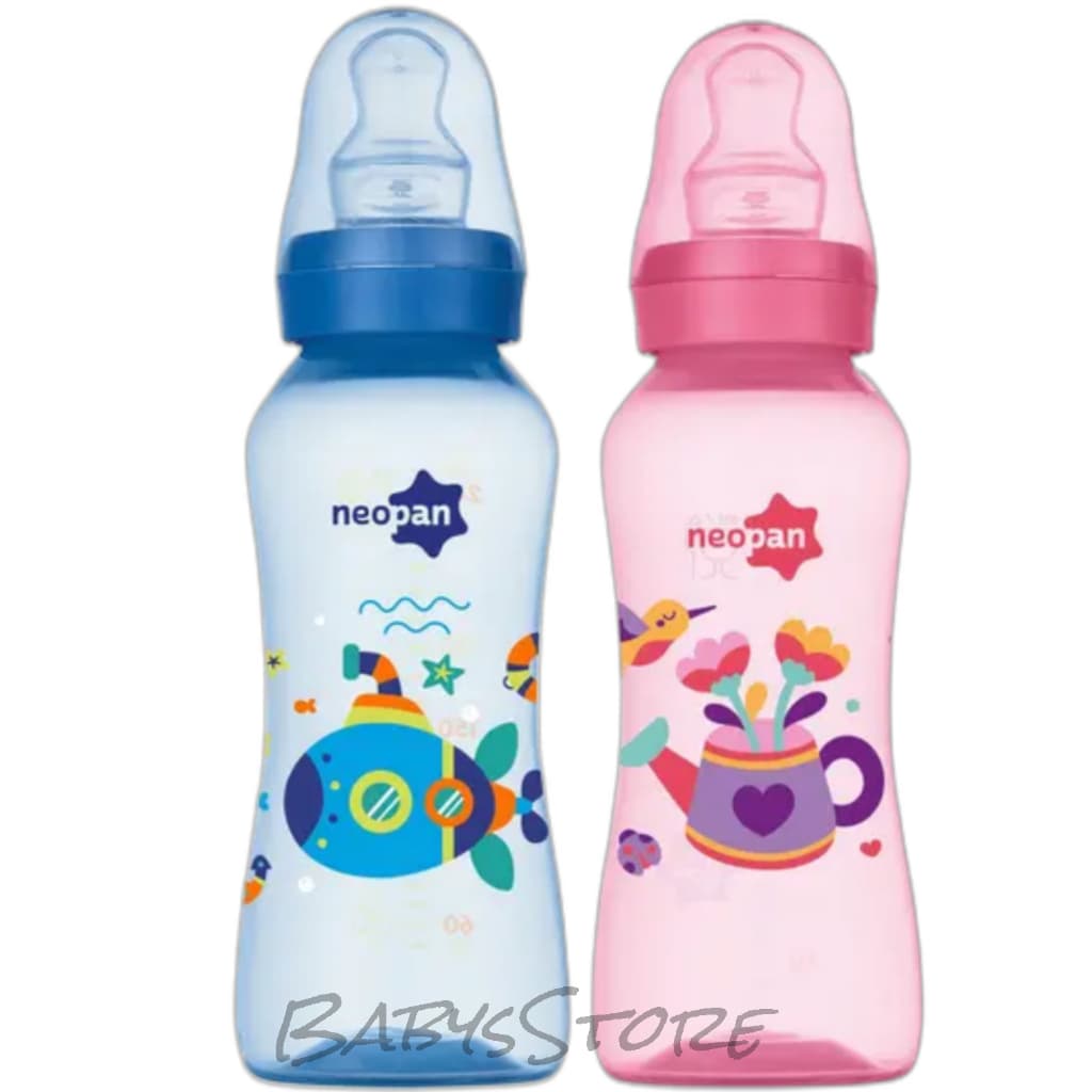 MAMADEIRA NEOPAN CRIATIVA AZUL/ROSA 250 ML BICO DE SILICONE ORTODÔNTICO (6+)