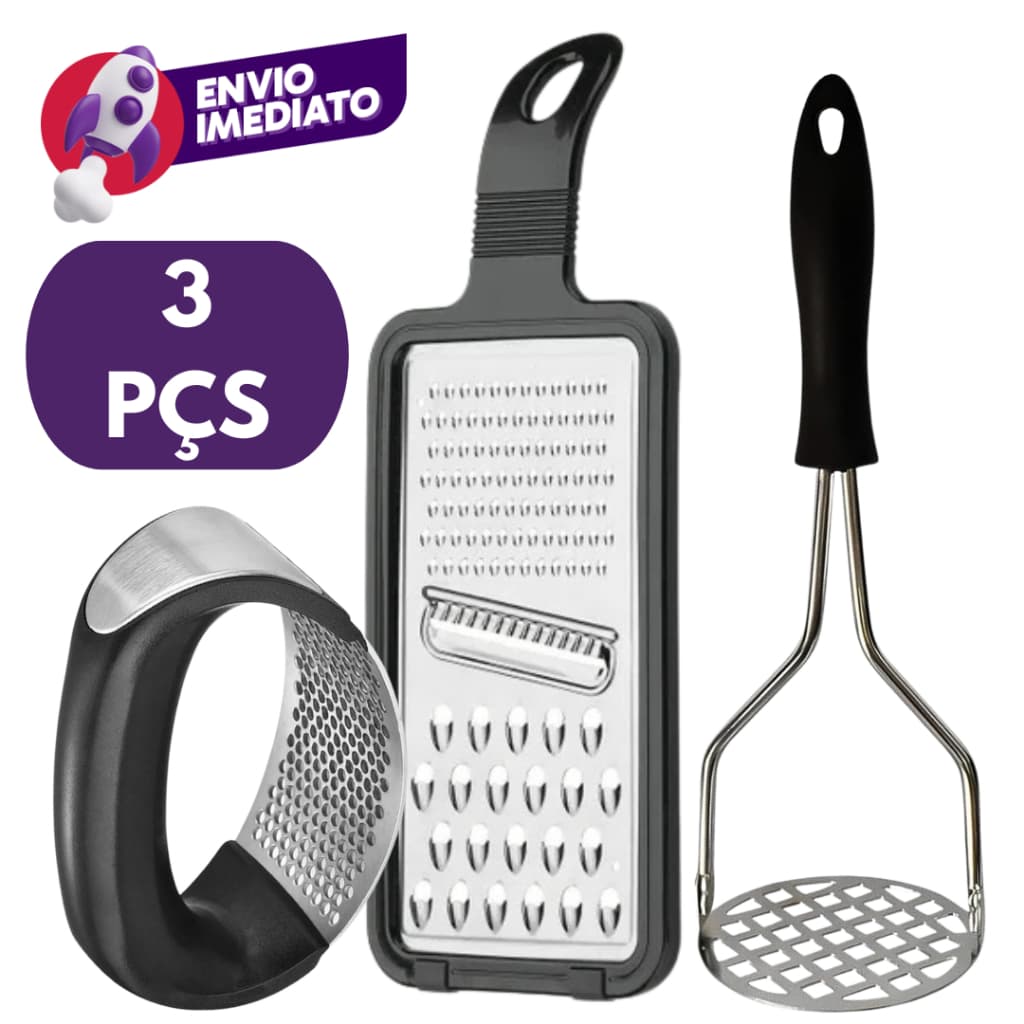 Kit 03 Itens: Amassador Espremedor Alho + Amassador Batatas + Ralador 1 Face Em Aço Inox