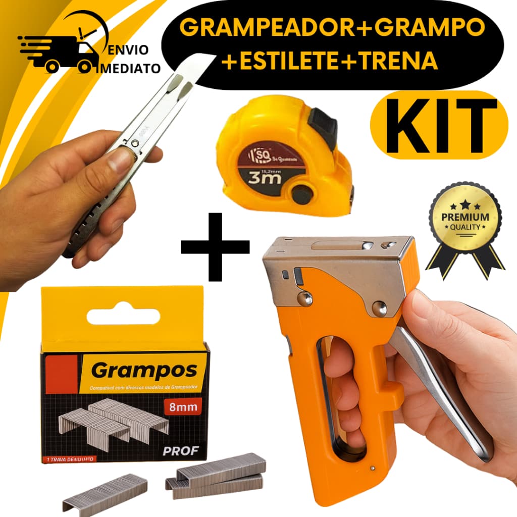 Kit Grampeador Tapeceiro Estilete Metal Trena 3M Grampos 8mm Tapeçaria Marcenaria