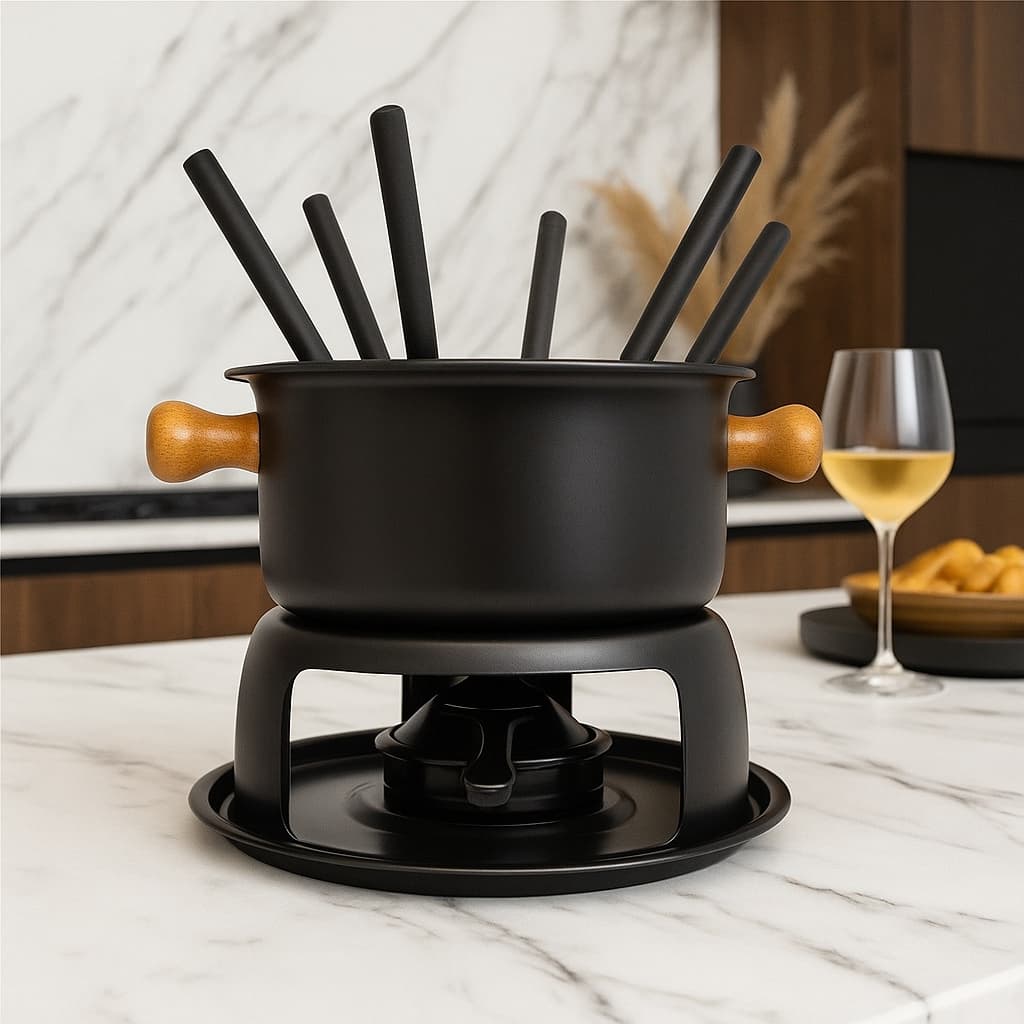 Conjunto De Fondue Aparelho P/ 6 Pessoas Com Garfos 11 Peças Kit Completo Panela Chocolate Quejo e Carne  - Preta