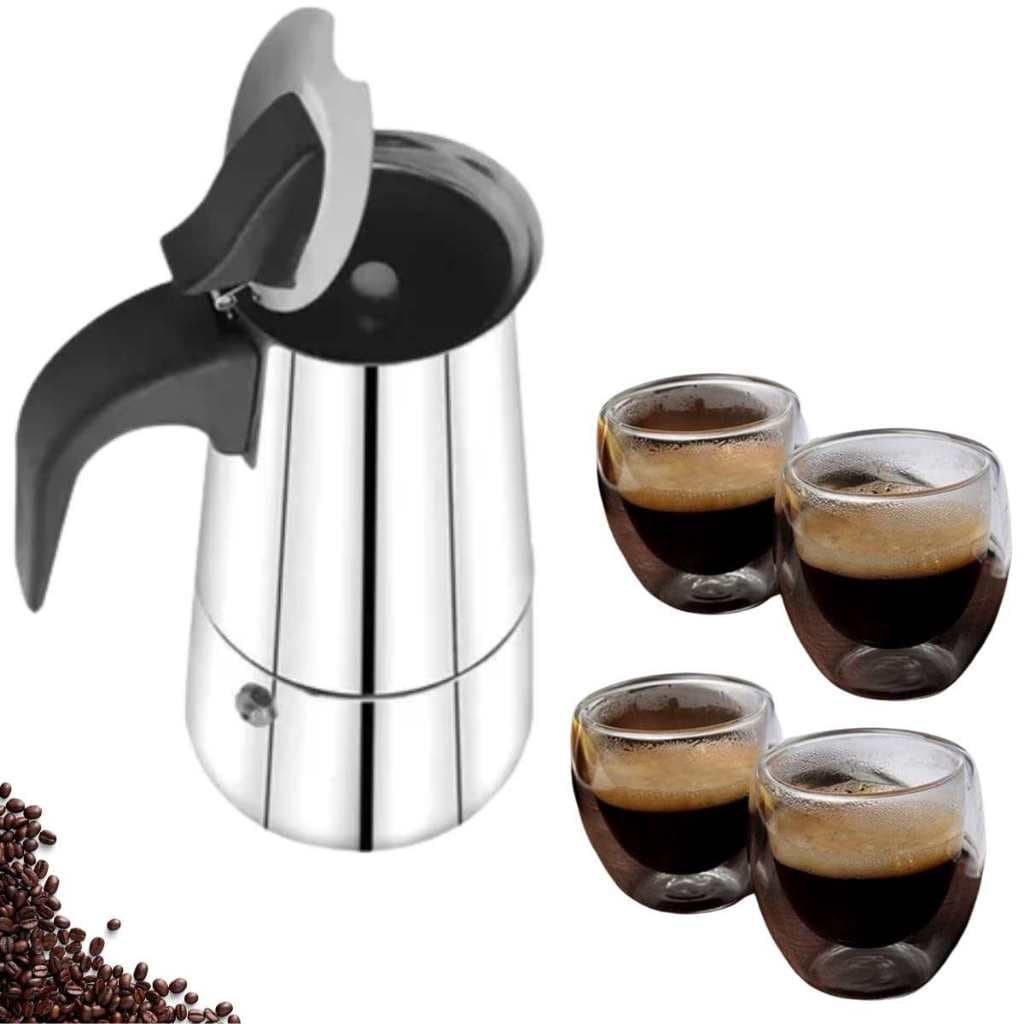 Cafeteira Italiana Inox Indução e Jogo 4 copos Borassilicato