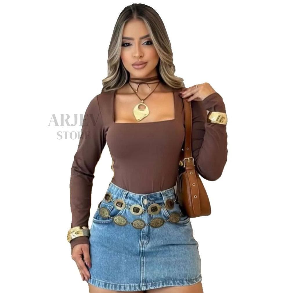 Body Blusa Manga Longa Feminina Gola quadrado Malha Anarruga