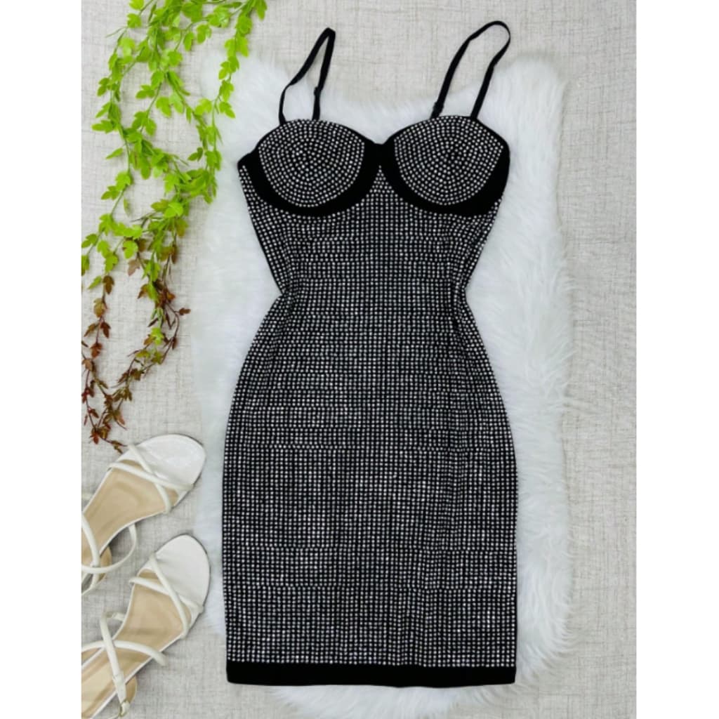 🔥Promosao！Vestido feminino-Vestido Xadrez sem Alças com Strass - Elegância e Brilho!  T2207-21