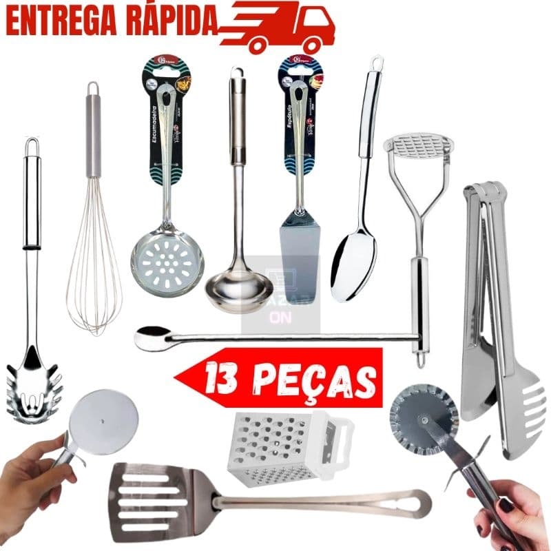 Kit Jogo 13 Utensílios Talheres Completo Aço Inox Cozinha Completa Jogo de Utensílios Completo