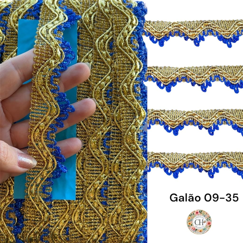 Galão Franja Passamanaria Azul e Dourado 35mm Ref.09-35 Fitas Bordados