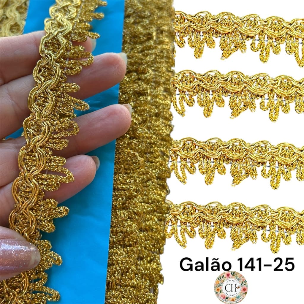 Galão Franja Dourado Passamanaria Bordado Metalizado 25mm com 20 mts Ref:141-25