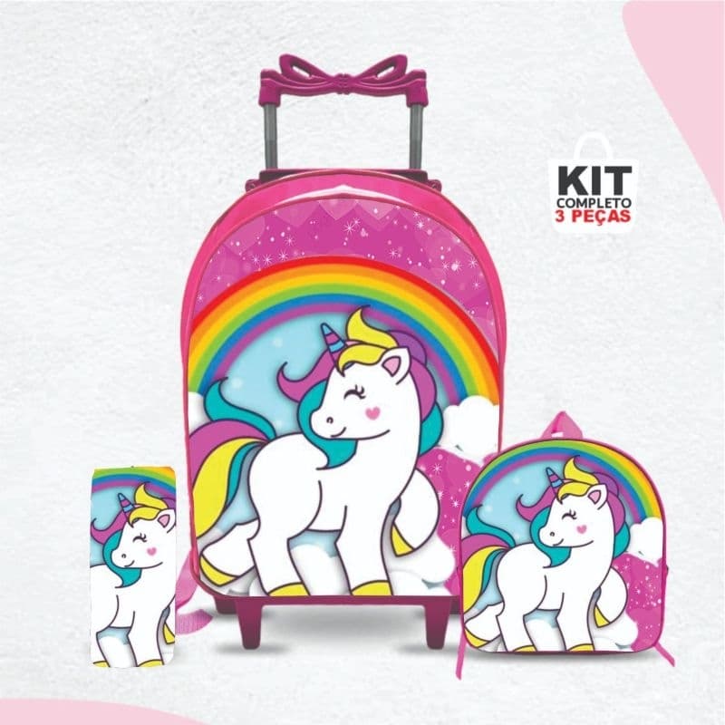 Kit mochila escolar Unicórnio com lancheira e Estojo -Carrinho com Rodinhas - Menina - Feminino
