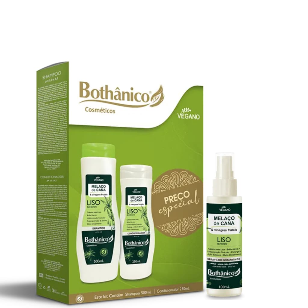 Kit Vegano Shampoo 500ml, Condicionador 250ml e Spray Melaço 100ml de Cana Bothanico Hair Cosméticos
