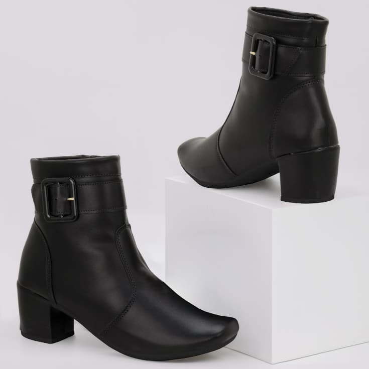 Bota Coturno Feminina Cano Curto Preto Salto Grosso Confortável com Fivela Elegante Casual Ref: 190