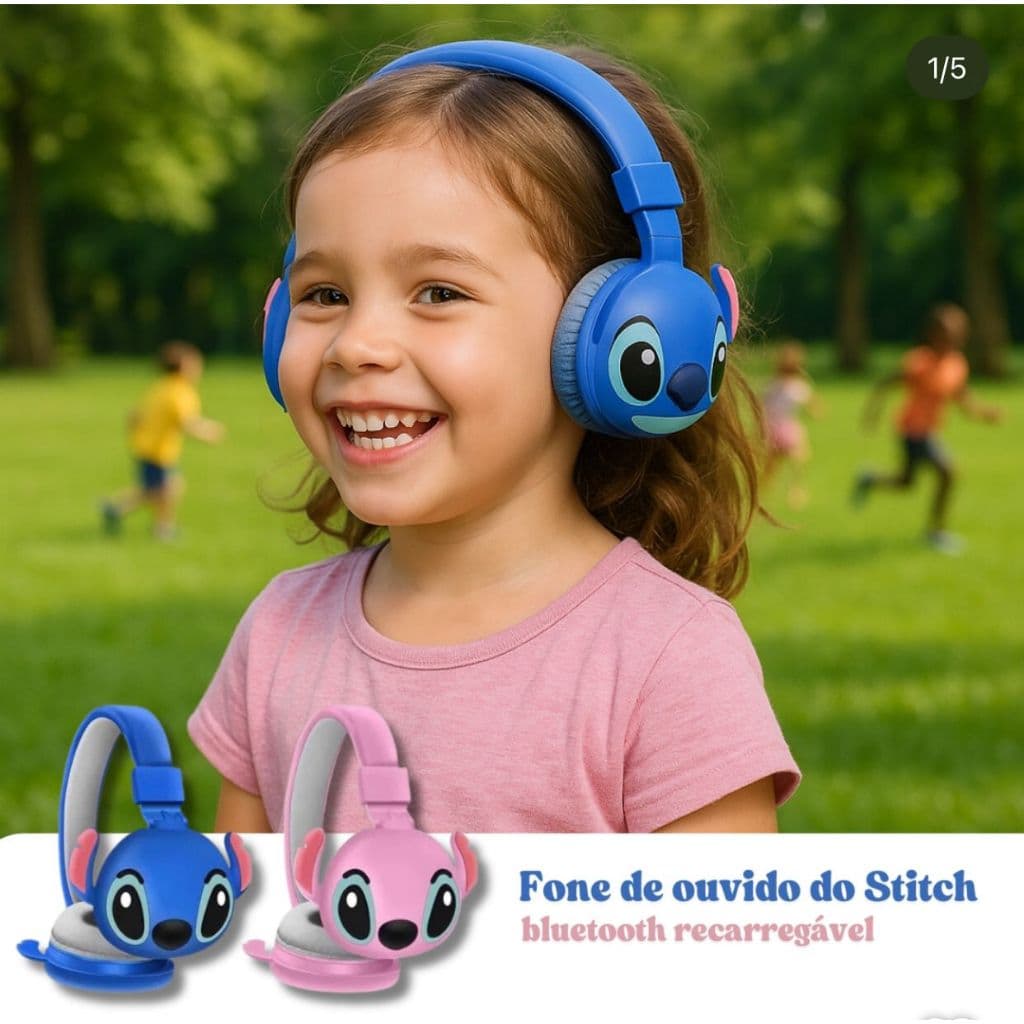 Fone Headphone Bluetooth Lilo Stitch Infantil Com Microfone Rosa e Azul