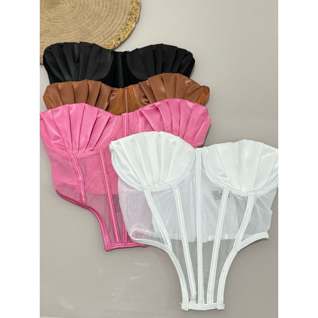 Corselet em Tule com Cirrê Acetinado, Barbatanas, Aro de Sustentação e zíper atrás Blusa tomara que caia feminina