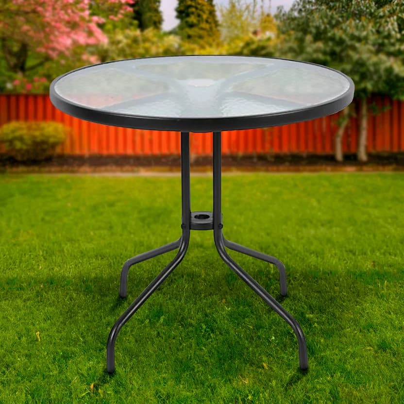 Mesa Redonda Aço Vidro 80x70cm Grande Jardim Varanda com Furo Cor Preto