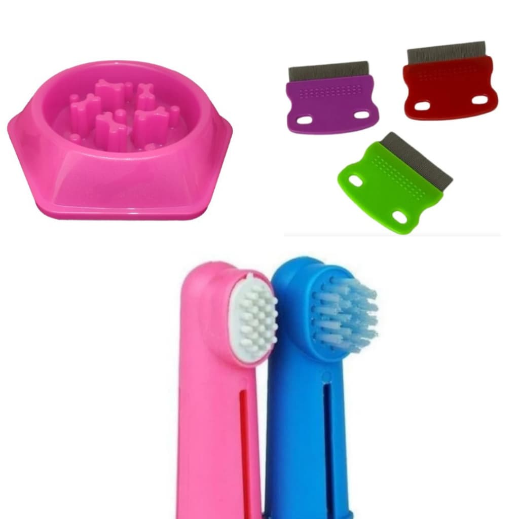 Kit saúde pet Escova canina + comedouro + Pente antipulgas
