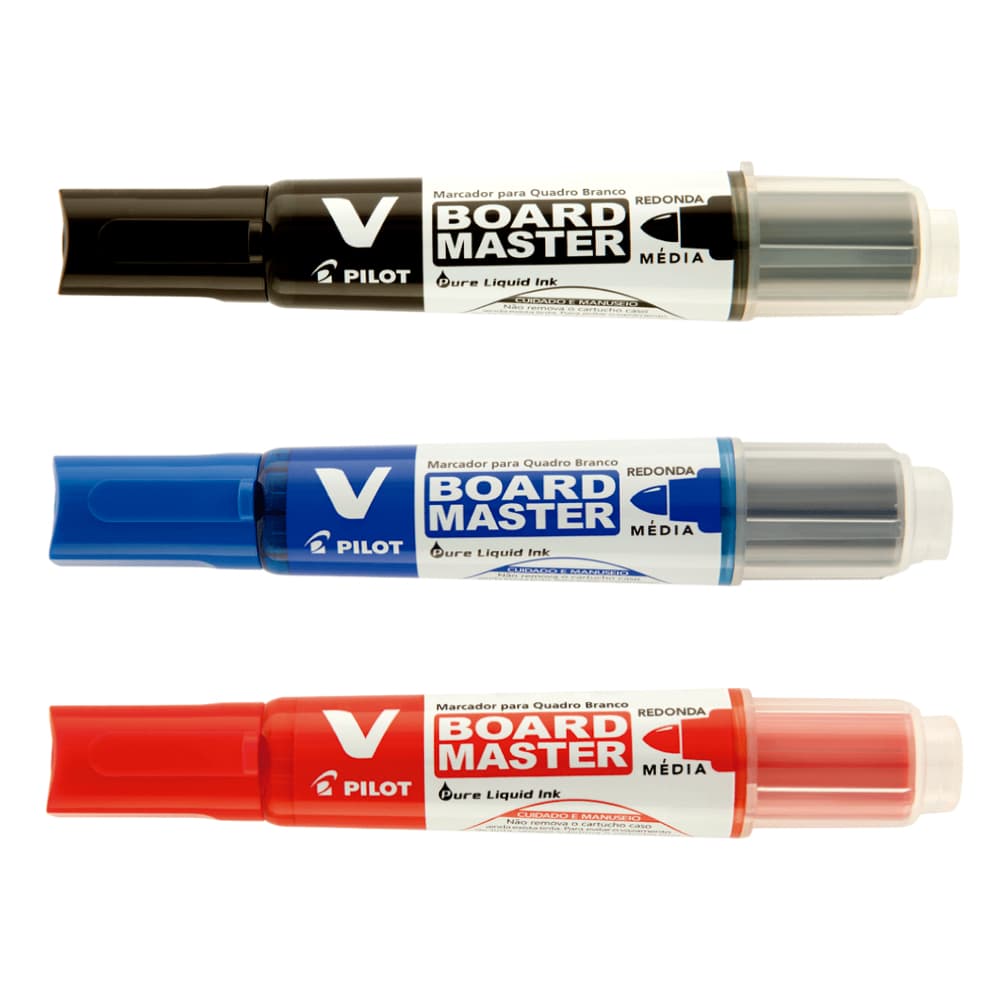 Kit 3 Canetão Marcador Pincel Quadro Branco Recarregável V-Board Master Pilot Azul Preto Vermelho