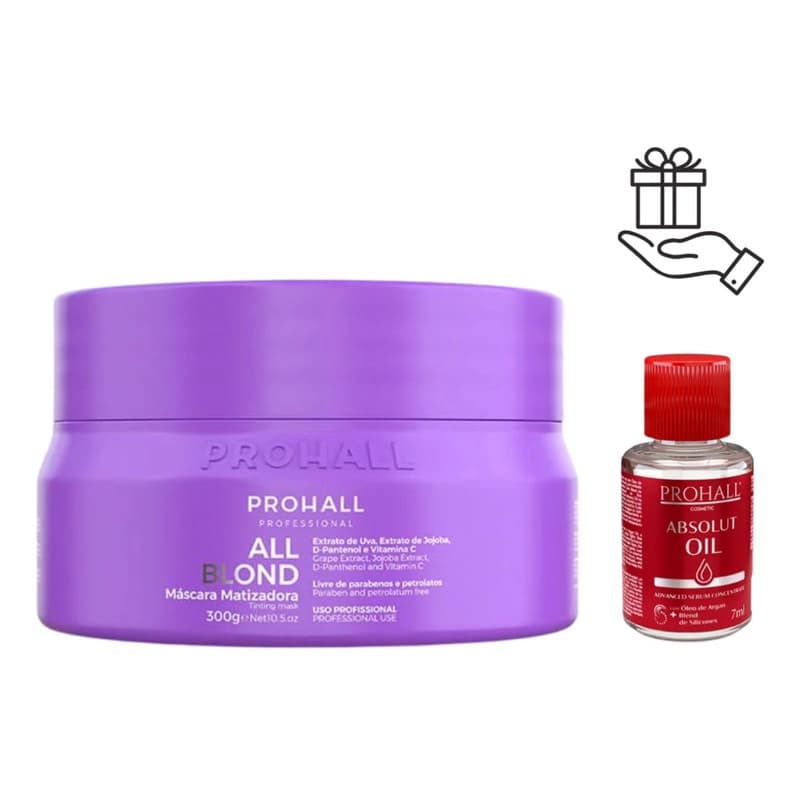 Máscara Matizadora e Nutririva para Loiros All Blond Prohall Professional 300 gr +Óleo Reparador de Pontas 7ml de Brinde