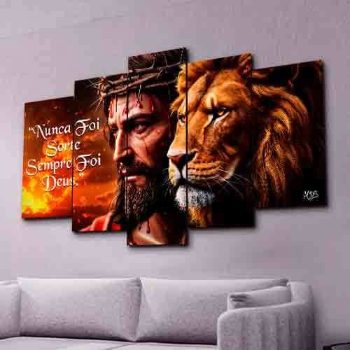 Quadro Decorativo Jesus Cristo Leão de Judá Chamas Nunca Foi Sorte Frase Religiosa Sala