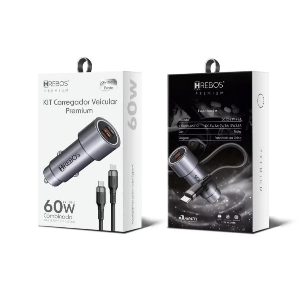 Carregador Veicular Turbo 60W duas saídas USB C + Cabo turbo Tipo-C - Original Hrebos Premium
