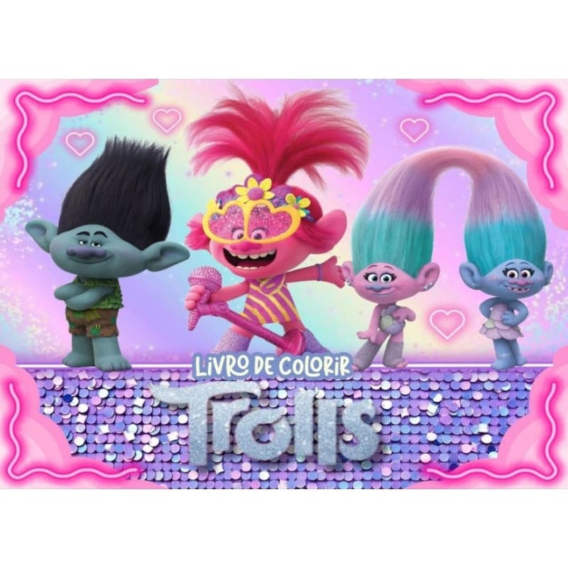 Livro de Colorir Tema trolls com 50 folhas A5 com capa flexível + brinde