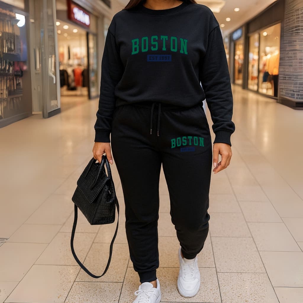 Conjunto Feminino Algodão Moletom Flanelado Boston City Quentinho Gola Redonda Calça