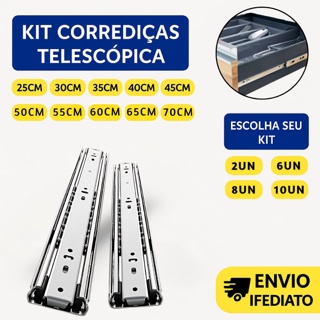 Par De Corrediça Trilho Telescópica Larga Gaveta Trilho Telecóspica 25cm - 30cm - 35cm - 40cm - 45cm