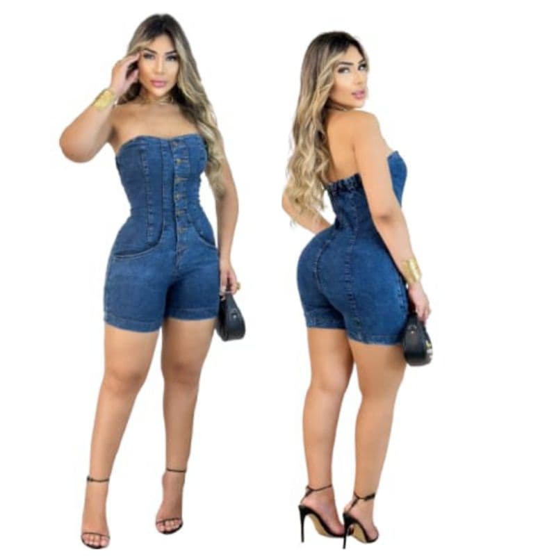 Macacão Tomara-que-caia Jeans Feminino Curto Blogueira