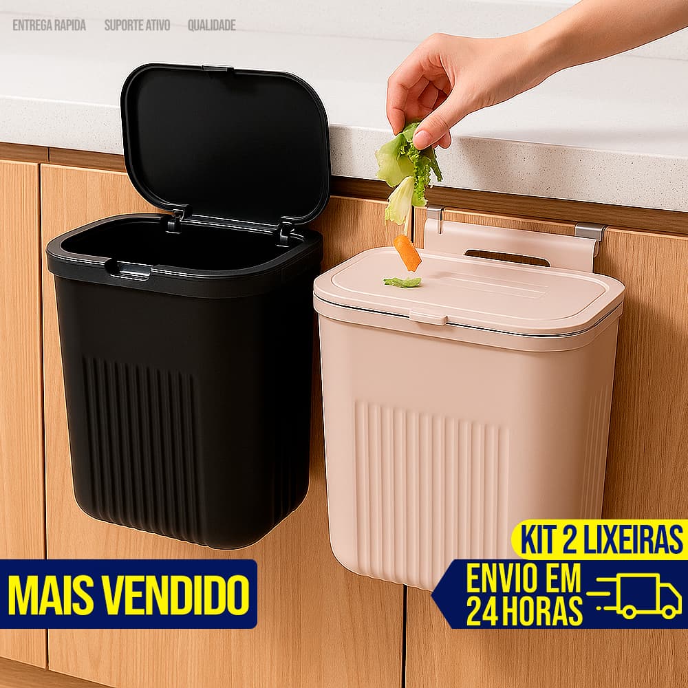 Kit 2 Lixeira Cesto de Lixo 09 Litros Automática Suspensa Rose Preta Banheiro Cozinha Sem Furar