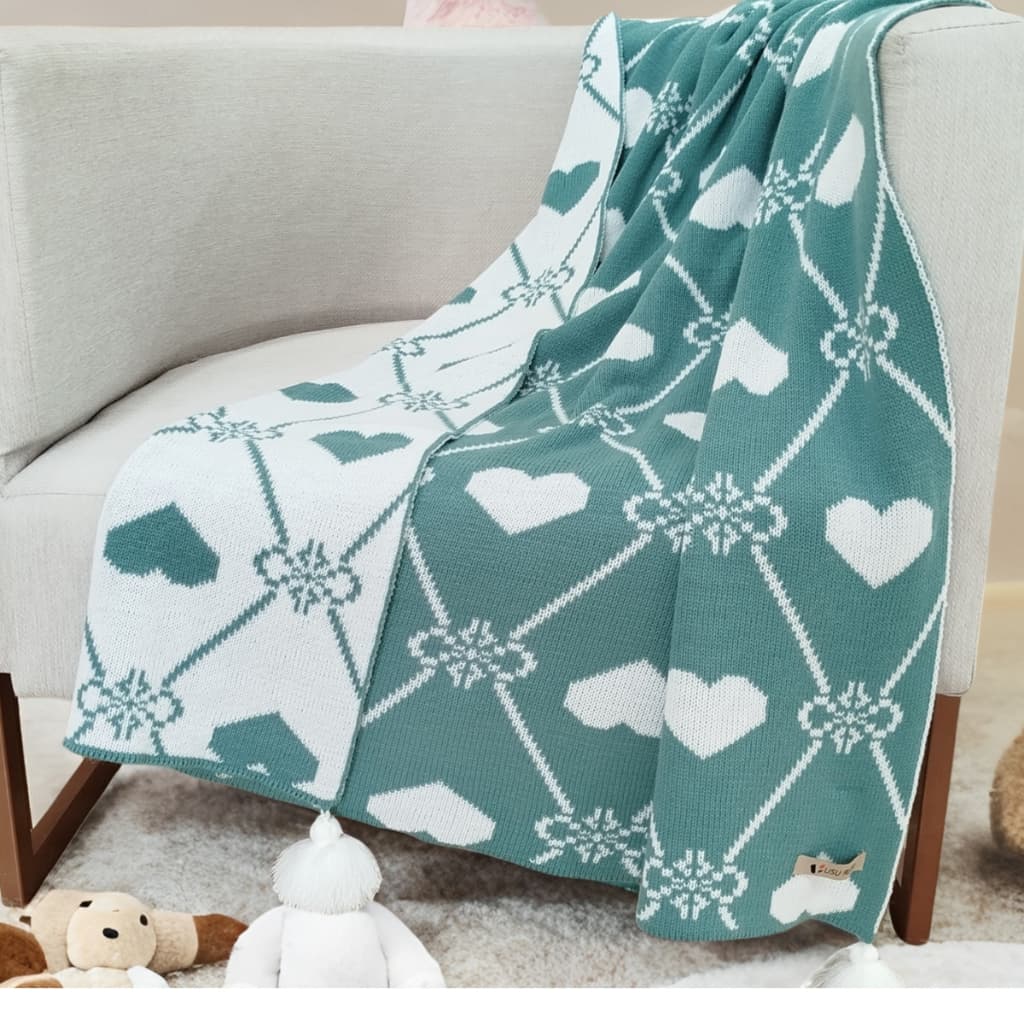 Manta Infantil Cobertor Menino e Menina de Tricô padrão Coração , Verde e Branco , Quarto Sala Poltrona Sofá Tricot