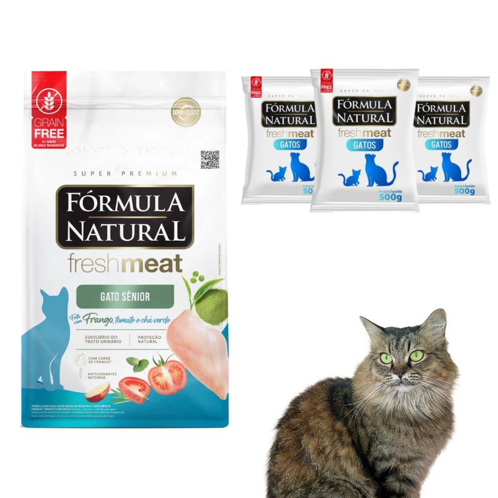 Kit C/3 Rações Fórmula Natural Fresh Meat Para Gatos Sênior Sabor Frango, Tomate e Chá Verde