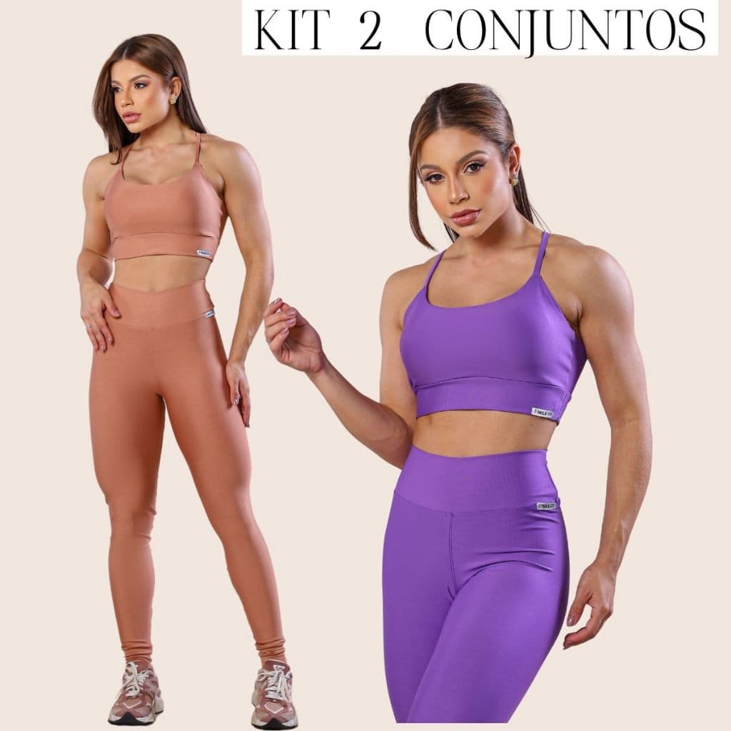 Kit 2 Conjuntos Fitness Femininos Top com Bojo Legging Cintura Alta