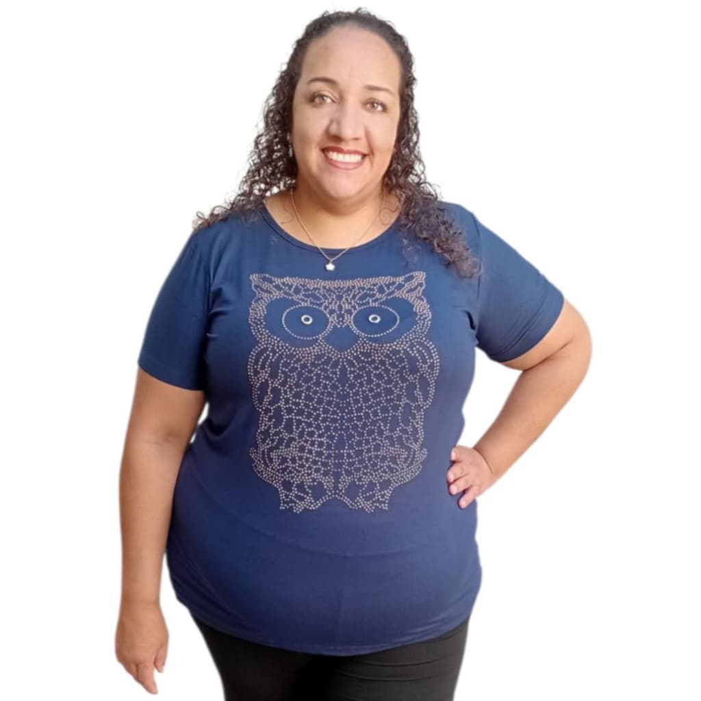 Blusa Feminina Plus Size Veste Tamanho 40 ao 64 (M ao G10) Camiseta Manga Curta com Pedraria Coruja