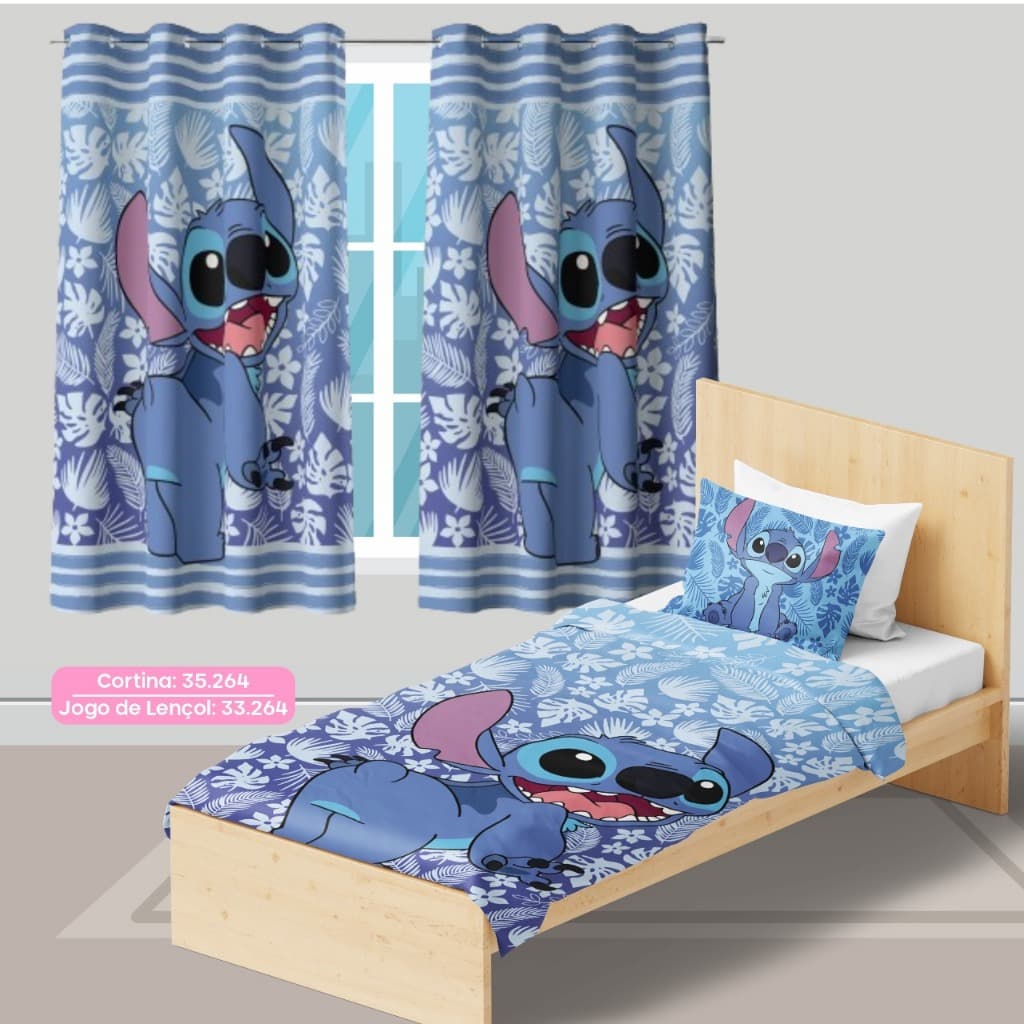 Kit Jogo Quarto Infantil + Cortina + Jogo Lençol,Kit Solteiro 3 Peças Stitch Casa Decoração