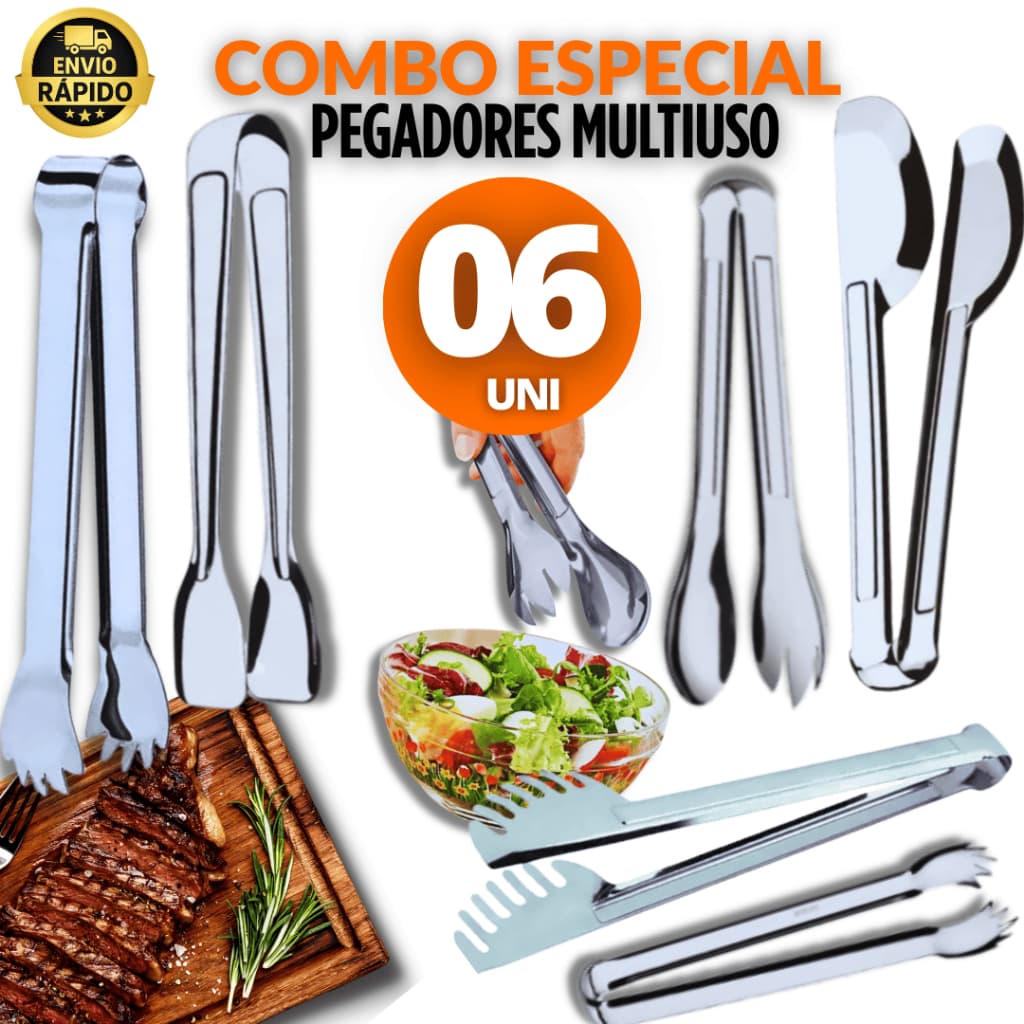 Conjunto Kit Utensílios 06 Unidades Pegadores Universal Carne Massa Churrasco Frios Gelo Salada
