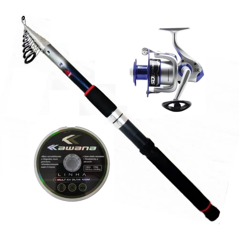 Kit Molinete Sol 6000 + Vara Ottoni Pesca Praia Retrátil/telescópica 4.20m + Lnha Multifilamento