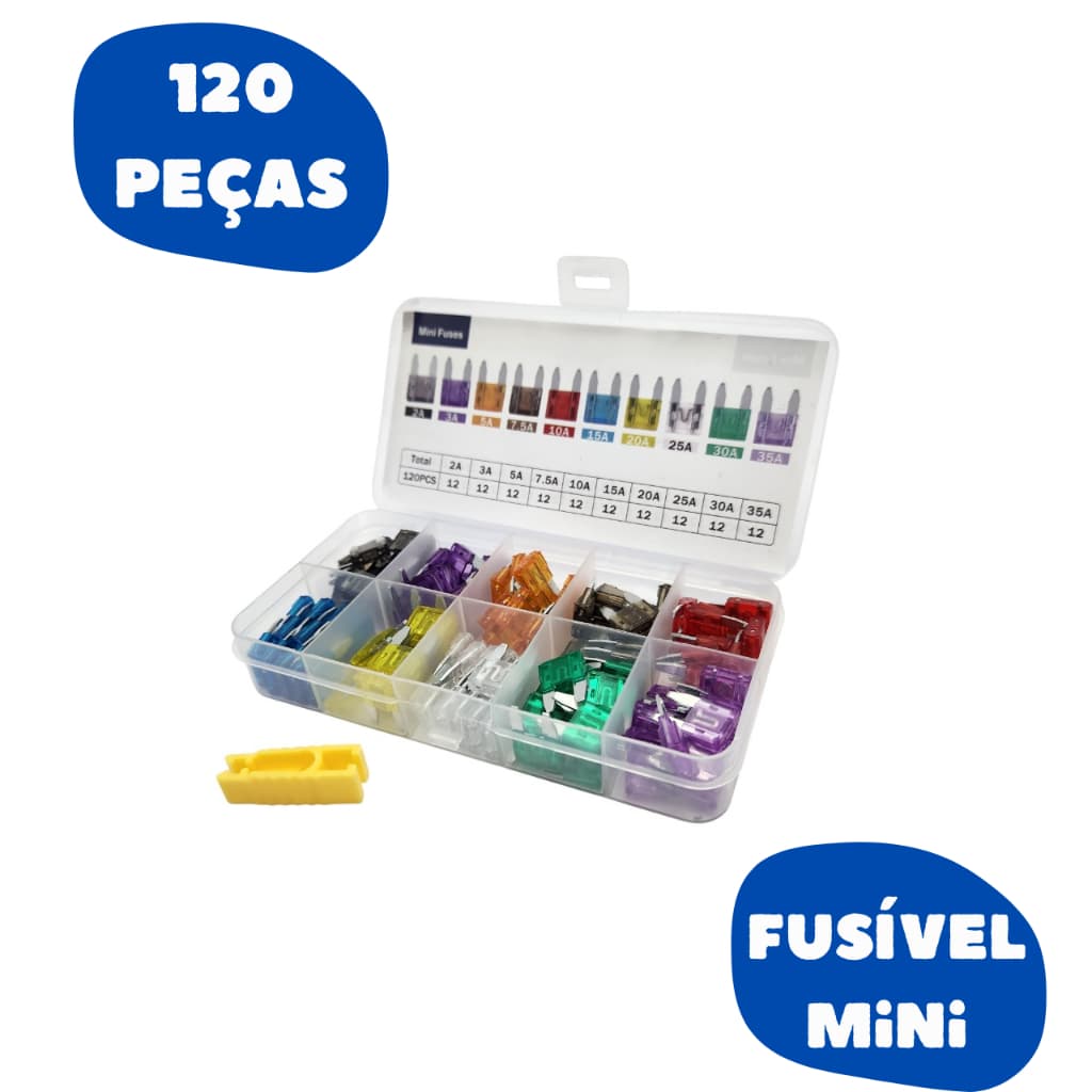 Jogo Kit com 120 Unidades Mini Fusível Lâmina Automotivo Universal 2A a 35A
