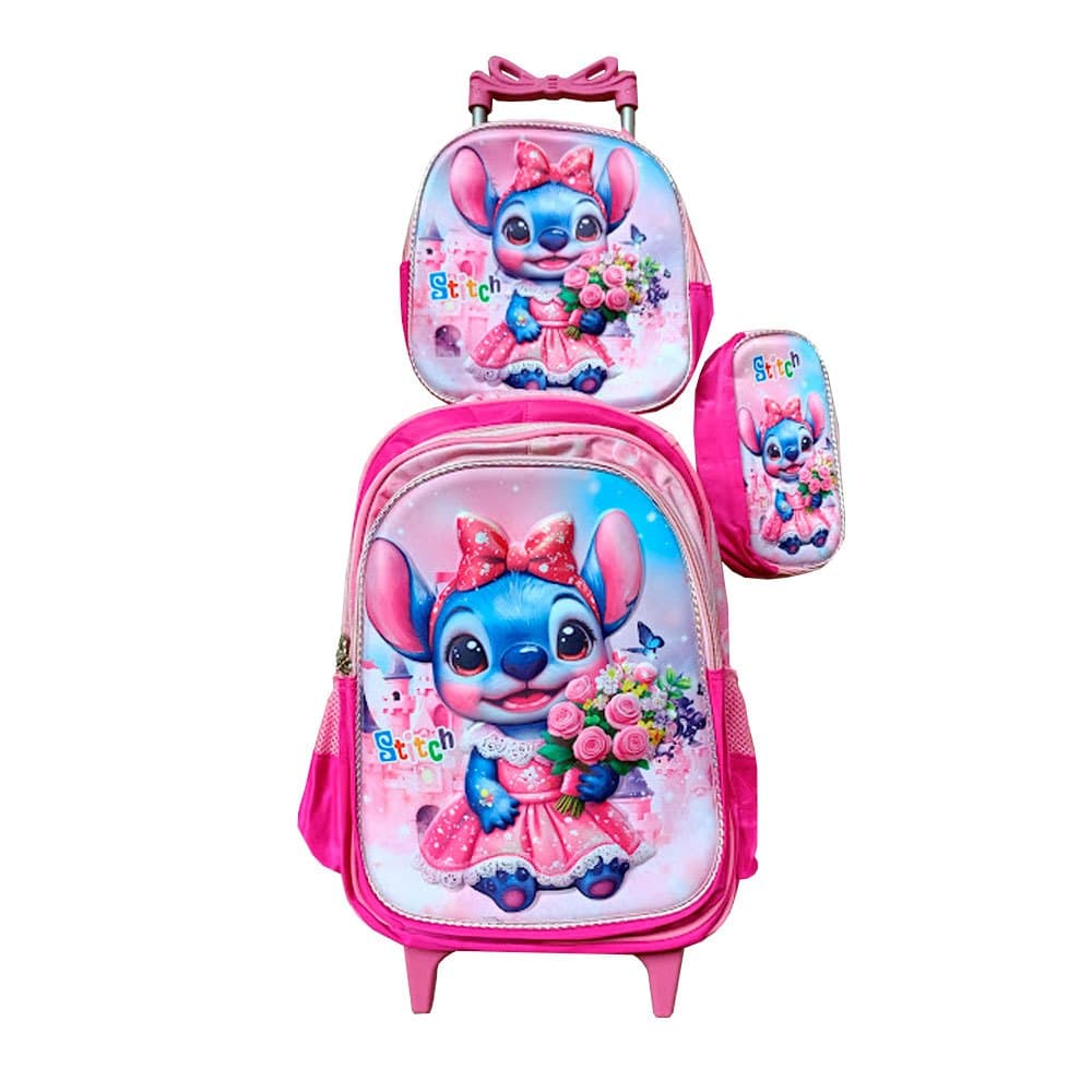 Kit Mochila Stitch Para Meninas em 3D com Alto Relevo de Rodinhas + Lancheira Térmica + Estojo