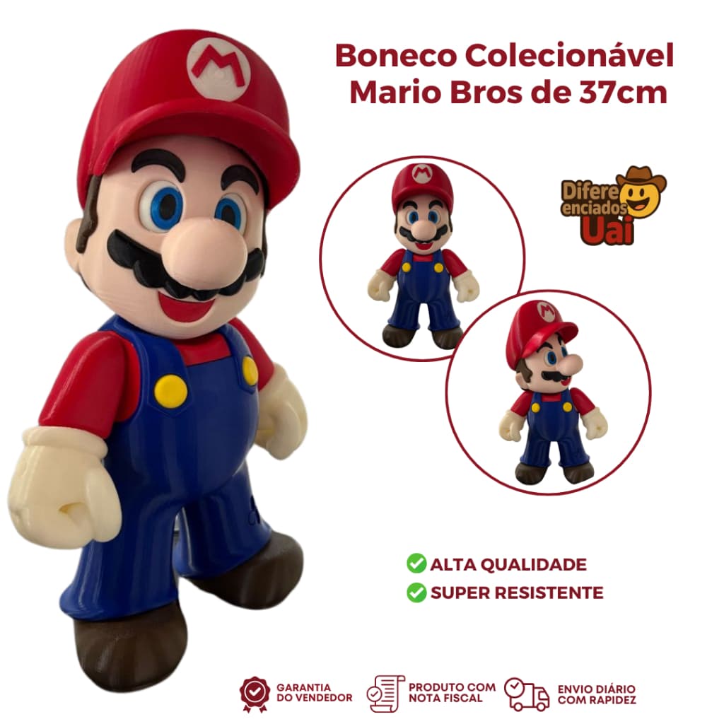 Mario Bros – Boneco Colecionável de 37cm | Feito em ABS Resistente e Rico em Detalhes